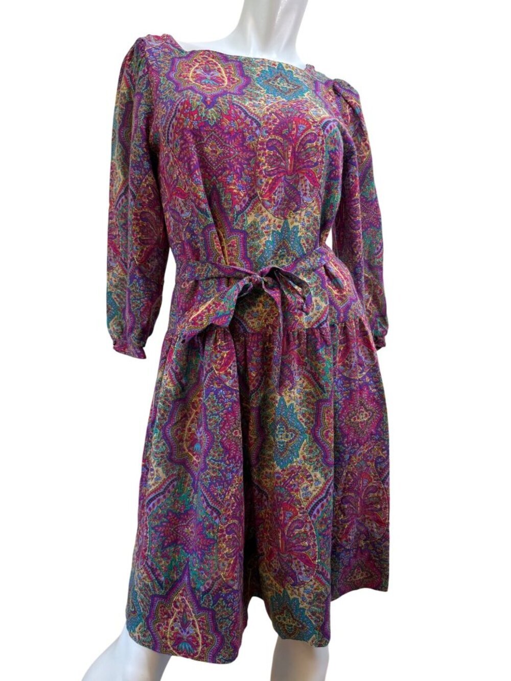 Mel Naftal Vintage Paisley Shirtwaist Tradwife Puff Sleeve Dress 1970s